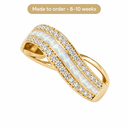 Illustrative 9ct yellow gold CZ Wide Wave memorial ring with pearl white opal flakes