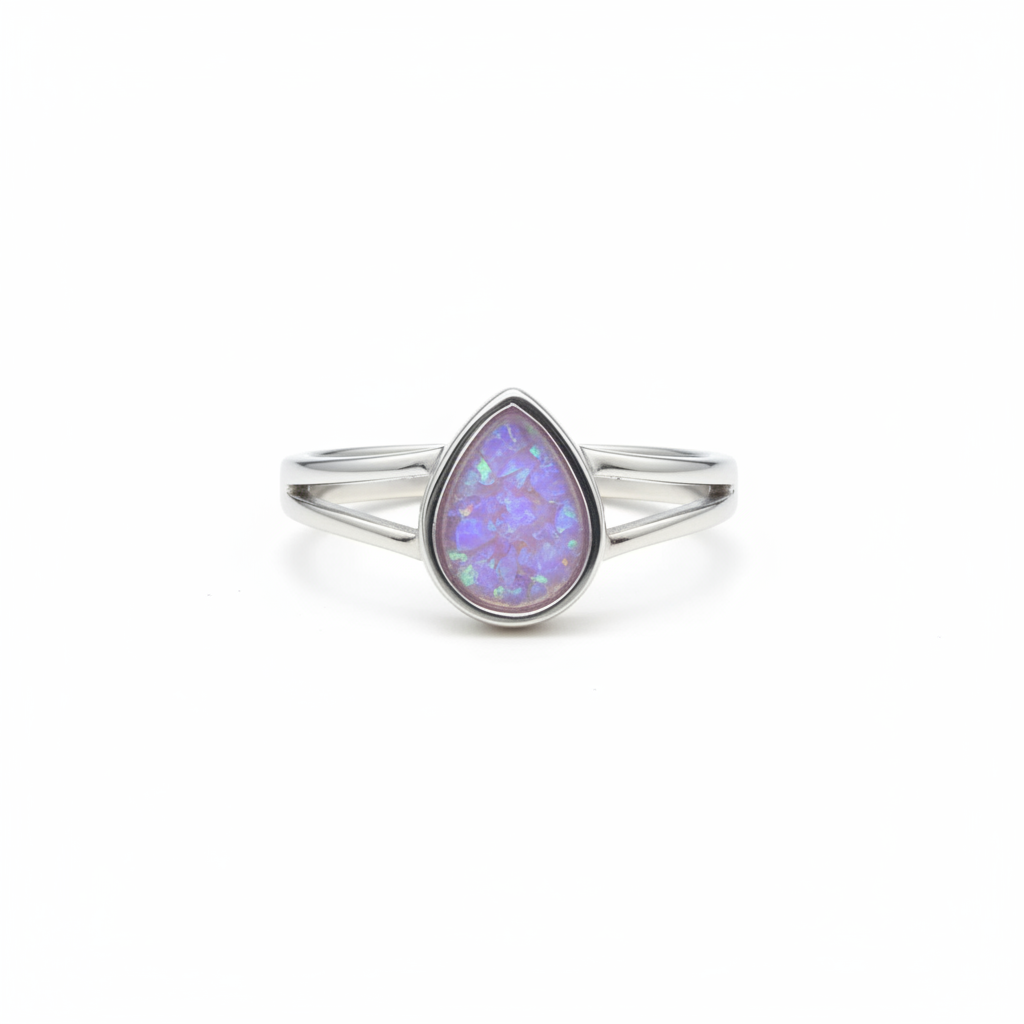 925 sterling silver split shank teardrop memorial ring with lavender purple opal resin in teardrop bezel on white background