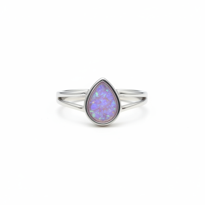 925 sterling silver split shank teardrop memorial ring with lavender purple opal resin in teardrop bezel on white background