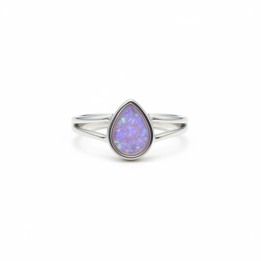 925 sterling silver split shank teardrop memorial ring with lavender purple opal resin in teardrop bezel on white background