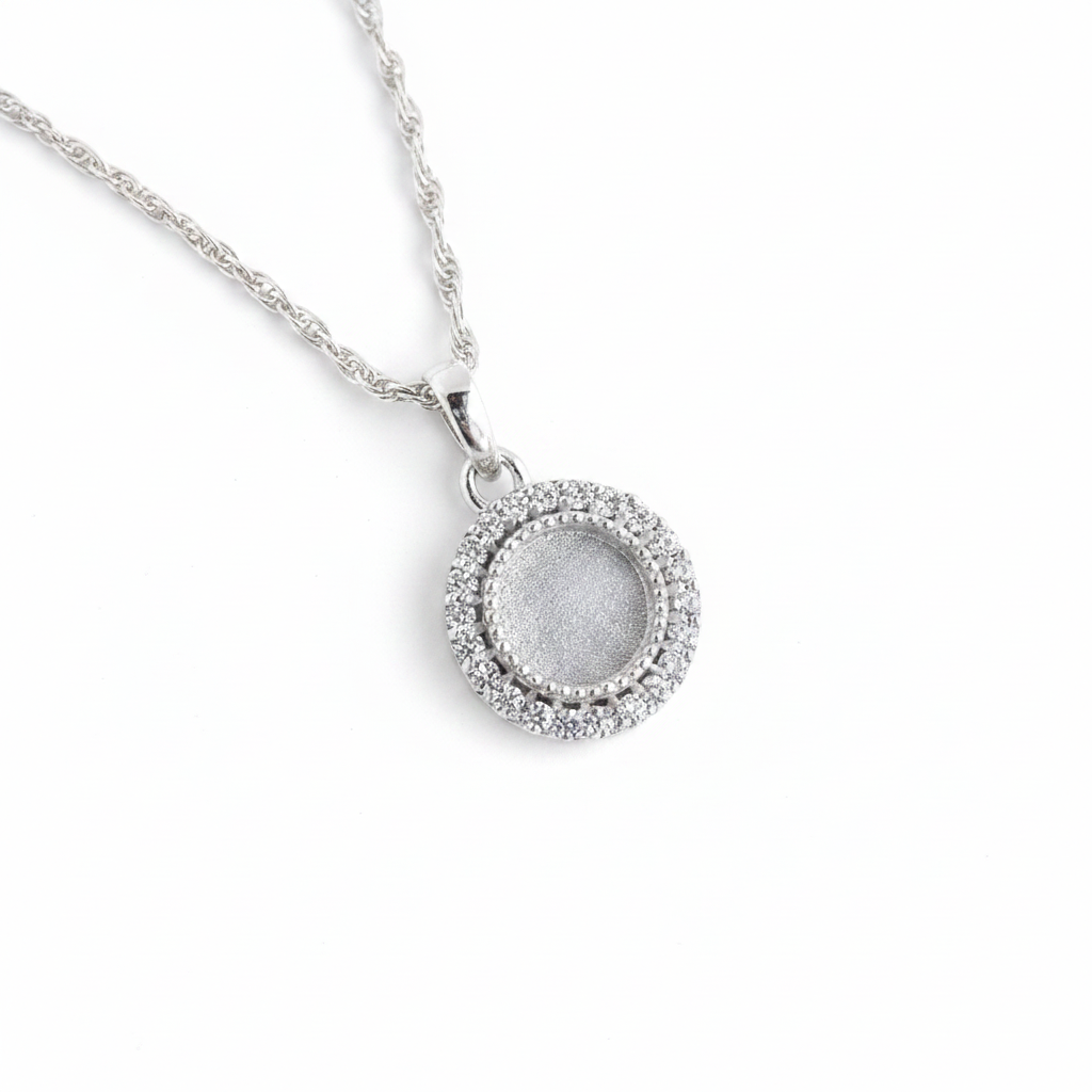Round Halo CZ 925 Silver Memorial Pendant on display — plain silver centre on white background