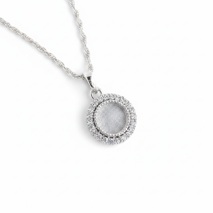 Round Halo CZ 925 Silver Memorial Pendant on display — plain silver centre on white background