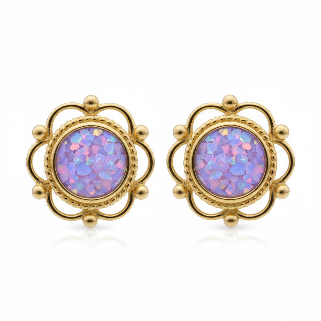 Gold frill and bead round stud earrings with lavender opal memorial resin