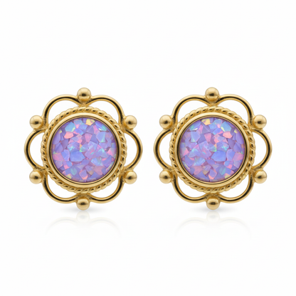 Gold frill and bead round stud earrings with lavender opal memorial resin