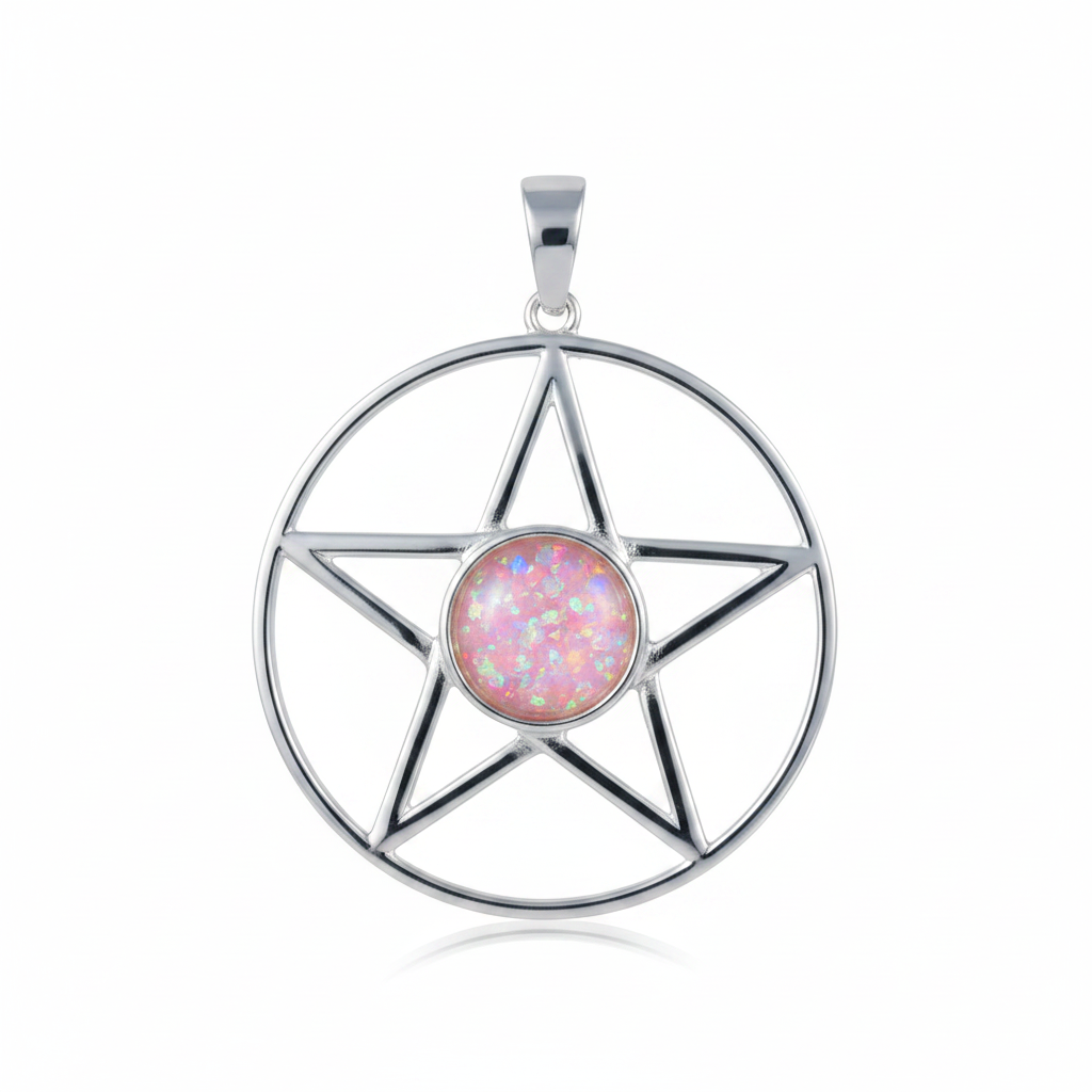 Silver 925 pentagram memorial pendant with pink opal flakes, white background