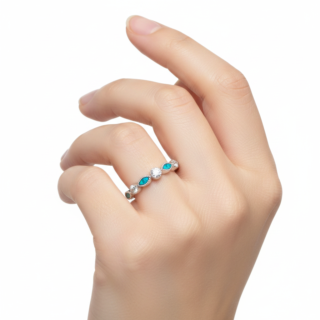925 sterling silver CZ marquise half band memorial ring worn on woman's finger lifestyle shot showing true scale