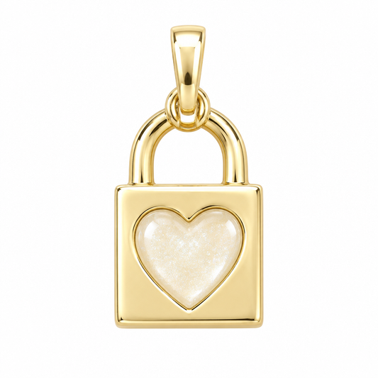 Illustrative 9ct gold Heart Padlock pendant only with pearl white mica memorial inclusion
