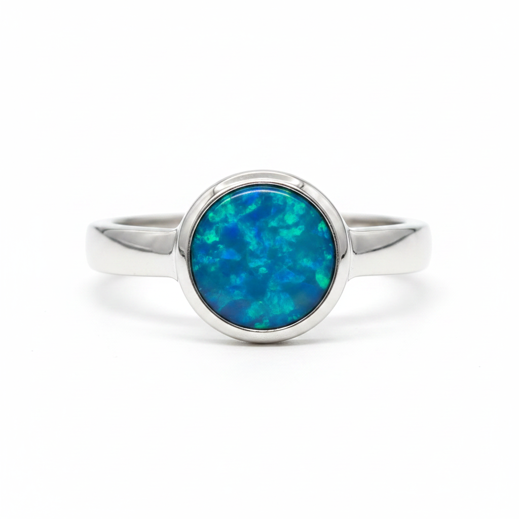 Thick Trim Round 925 Silver Ring with blue teal opal resin — bright polished silver, pure white background