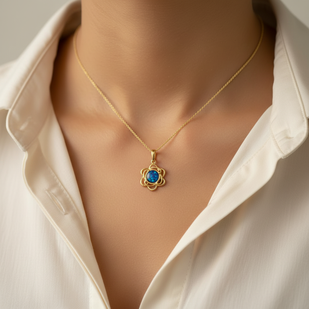 Model wearing 9ct gold open flower memorial pendant showing true tiny scale on collarbone