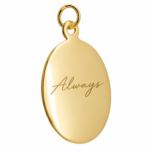 Illustration of plain oval yellow gold pendant with sample handwriting engraving, adapted from silver oval reference; pendant only
