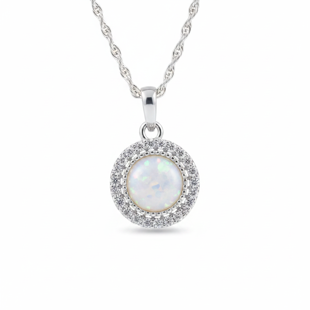 Round Halo CZ 925 Silver Memorial Pendant with white pearl opal resin inclusion — white background