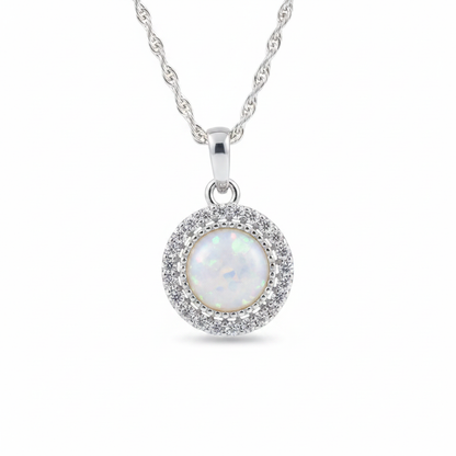 Round Halo CZ 925 Silver Memorial Pendant with white pearl opal resin inclusion — white background