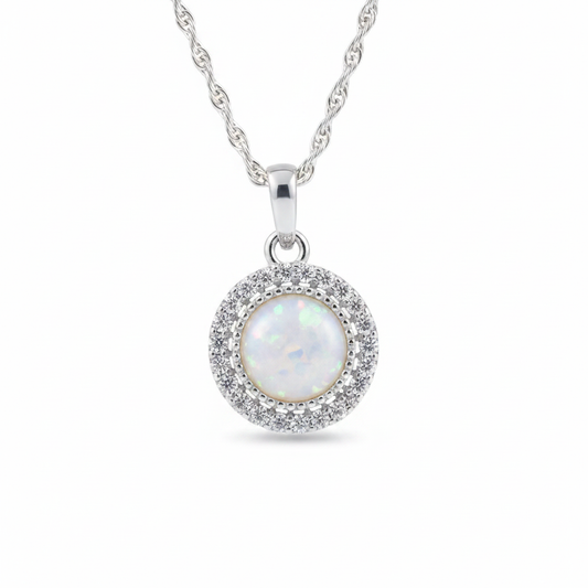 Round Halo CZ 925 Silver Memorial Pendant with white pearl opal resin inclusion — white background