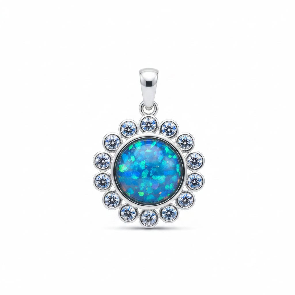 Silver 925 halo CZ memorial pendant with blue opal flakes, white background