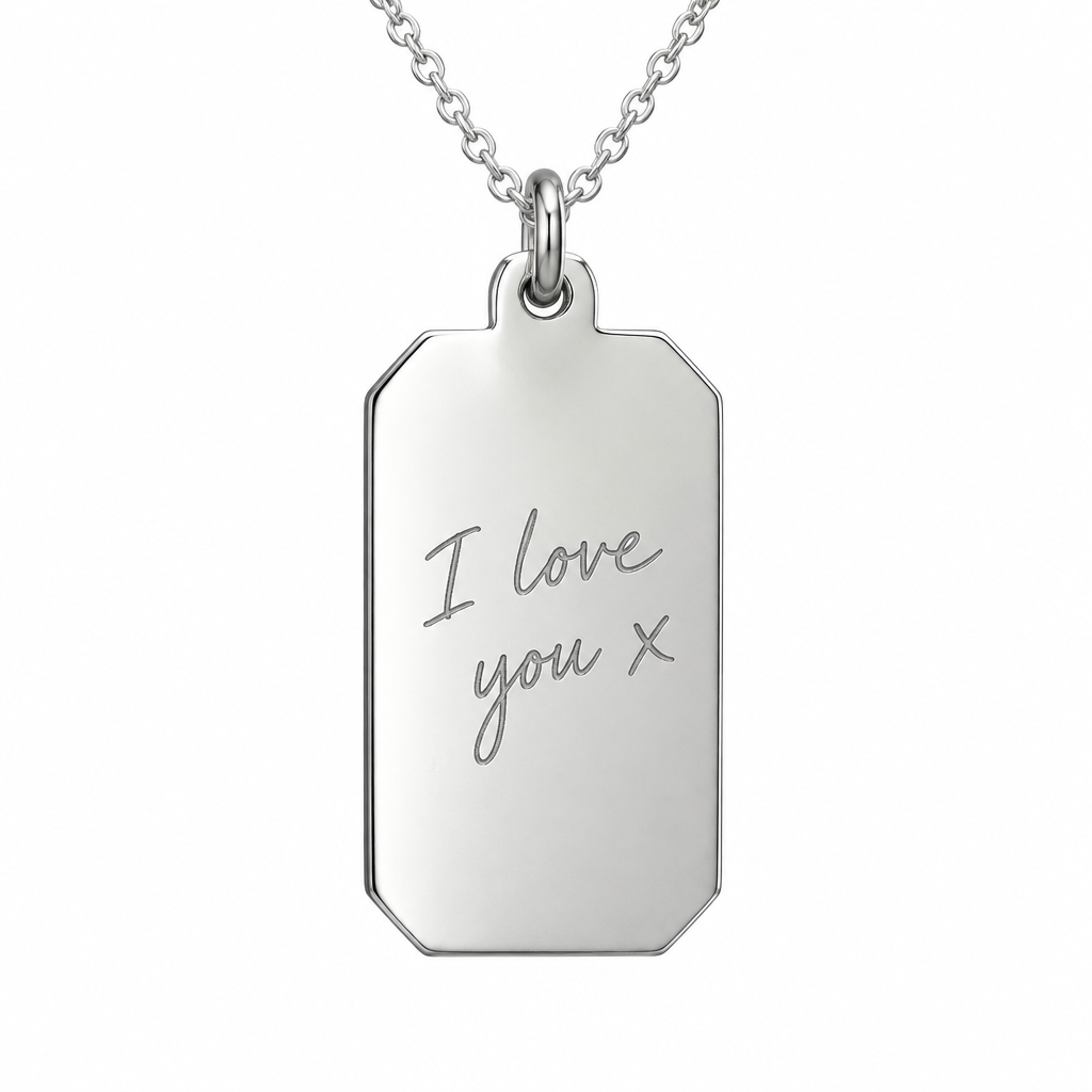 Illustrative handwriting engraving on plain 925 Sterling Silver rectangular pendant with included silver chain against white