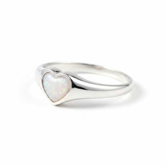 Silver 925 heart setting memorial ring — white pearl opal flakes resin in heart-shaped setting, sleek tapered band
