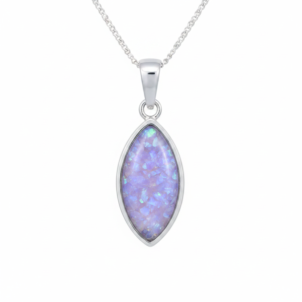 925 sterling silver marquise memorial pendant necklace with lavender purple opal resin on white background