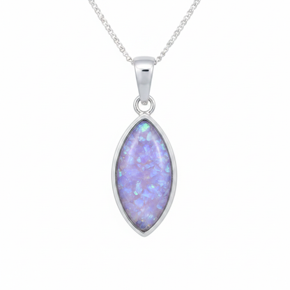 925 sterling silver marquise memorial pendant necklace with lavender purple opal resin on white background