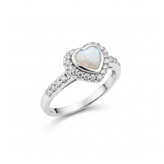 Silver 925 CZ heart halo memorial ring — white pearl opal flakes resin in heart-shaped setting