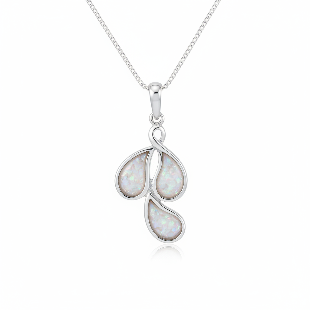 Silver 925 triple teardrop cluster memorial pendant with white opal and mica resin on chain, white background