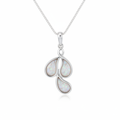 Silver 925 triple teardrop cluster memorial pendant with white opal and mica resin on chain, white background
