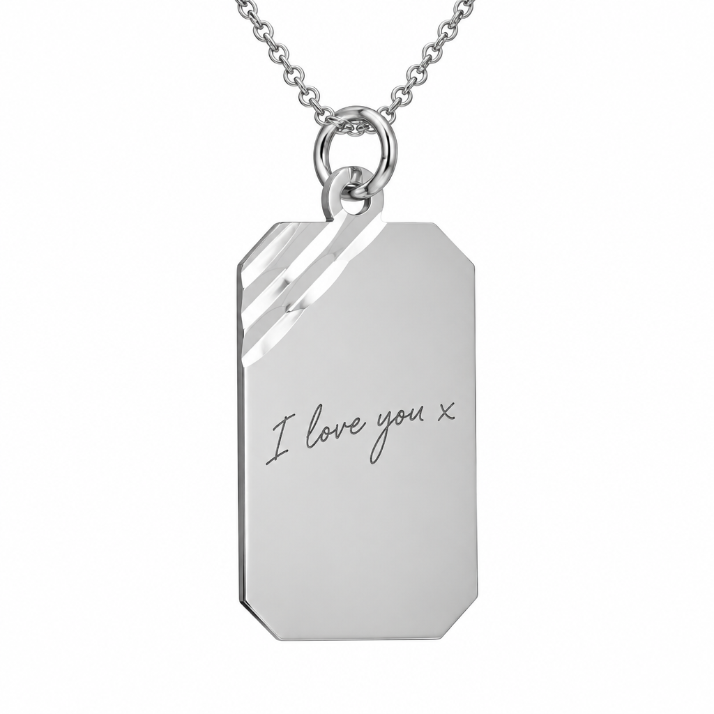 Illustrative handwriting engraving on proportionally sized 925 Sterling Silver diamond-cut rectangular pendant on silver chain
