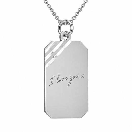 Illustrative handwriting engraving on proportionally sized 925 Sterling Silver diamond-cut rectangular pendant on silver chain