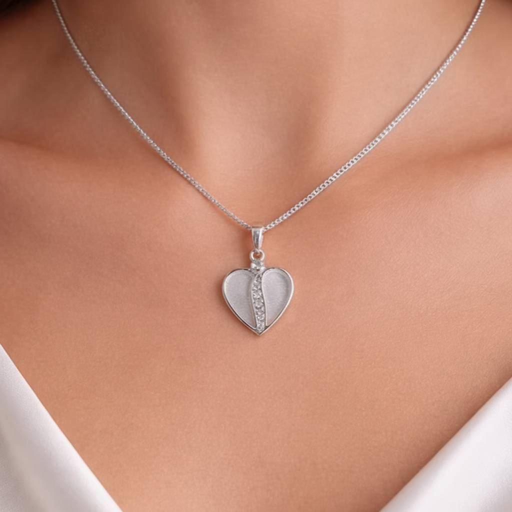 Crystal Divided Heart 925 Silver Memorial Pendant worn on neck — white background