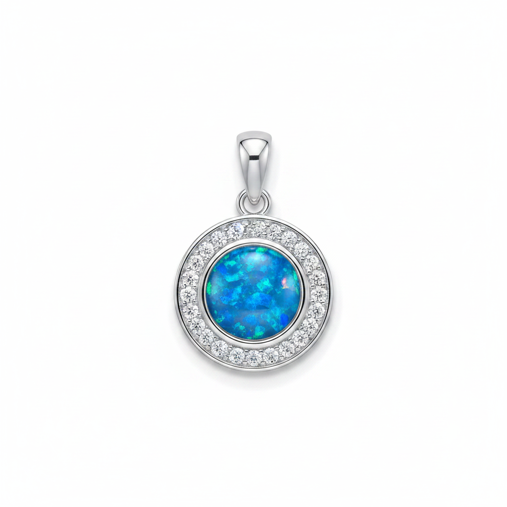 Solid silver 925 round halo CZ memorial pendant with blue opal flakes, white background
