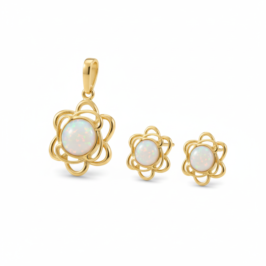 9ct gold open rose flower memorial set — white opal pendant and earrings together
