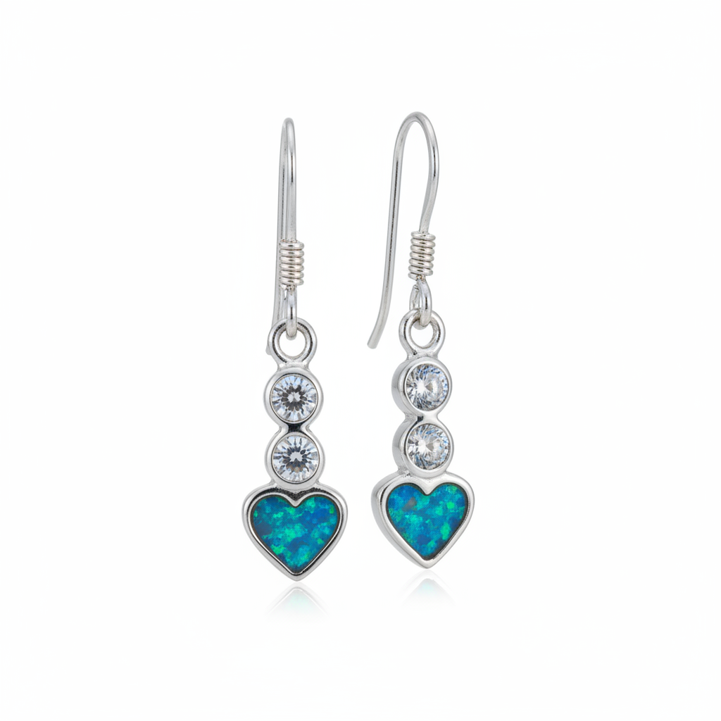 Silver 925 CZ heart drop earrings - blue teal opal