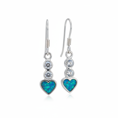 Silver 925 CZ heart drop earrings - blue teal opal