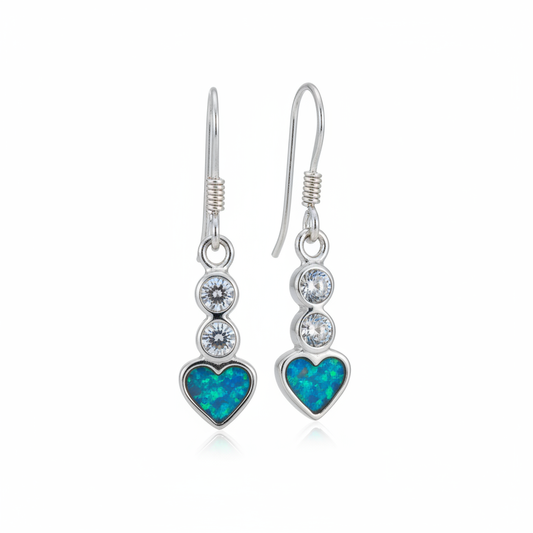 Silver 925 CZ heart drop earrings - blue teal opal