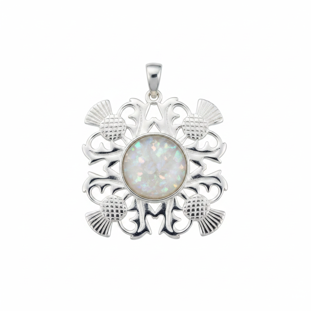 Silver 925 four-thistle filigree memorial pendant with white opal and mica, white background