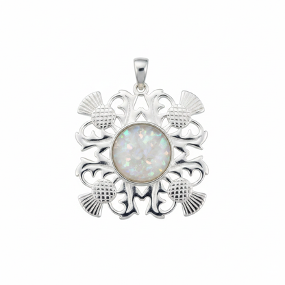 Silver 925 four-thistle filigree memorial pendant with white opal and mica, white background