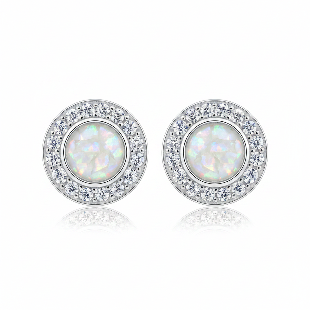 Silver 925 CZ halo memorial stud earrings — white pearl opal flakes resin in 6mm centre setting with sparkling CZ surround