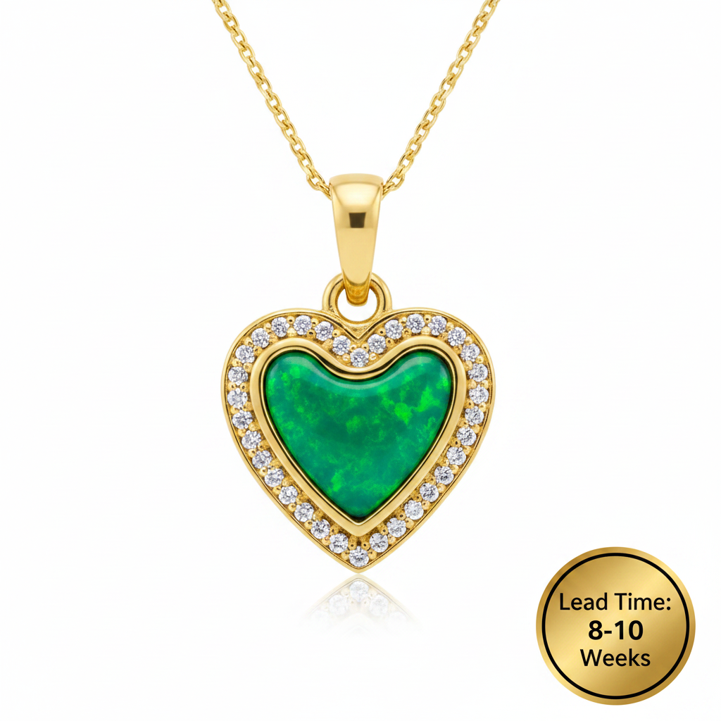 9ct yellow gold CZ crystal heart memorial pendant with emerald green opal resin in heart centre, white background, lead time 8-10 weeks