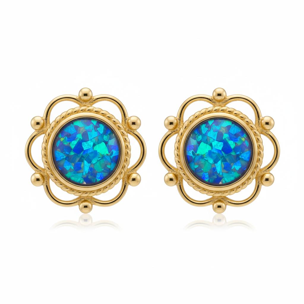 Gold frill and bead round stud earrings with blue opal memorial resin