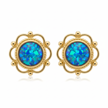 Gold frill and bead round stud earrings with blue opal memorial resin