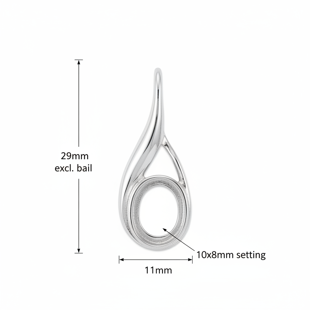 Silver 925 fluid twist teardrop memorial pendant dimensions — 29x11mm excl. bail, 10x8mm oval centre