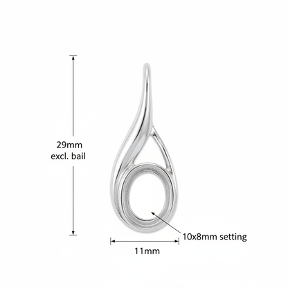 Silver 925 fluid twist teardrop memorial pendant dimensions — 29x11mm excl. bail, 10x8mm oval centre