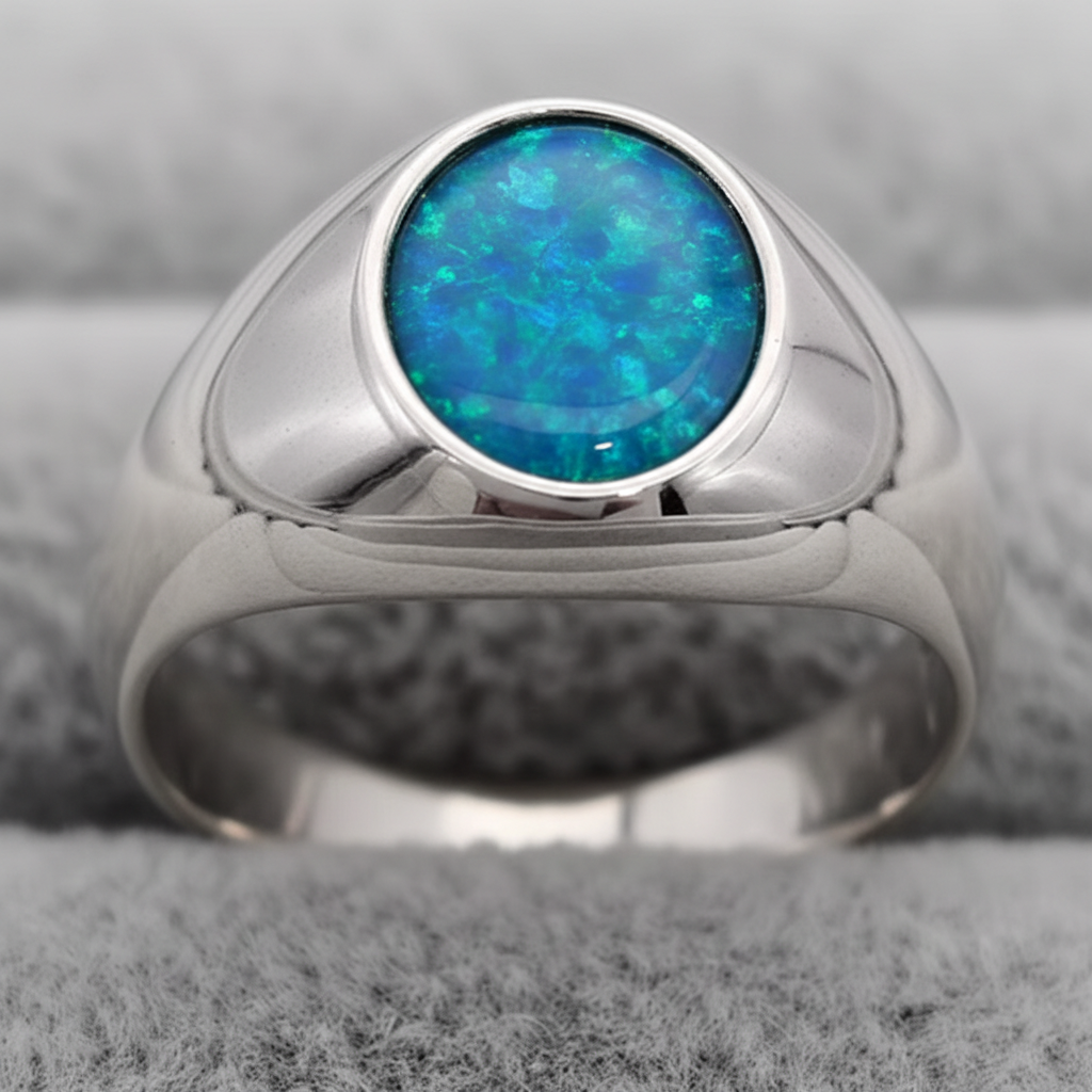 Gents Oval 925 Silver Signet Ring with blue teal opal resin — pure white background