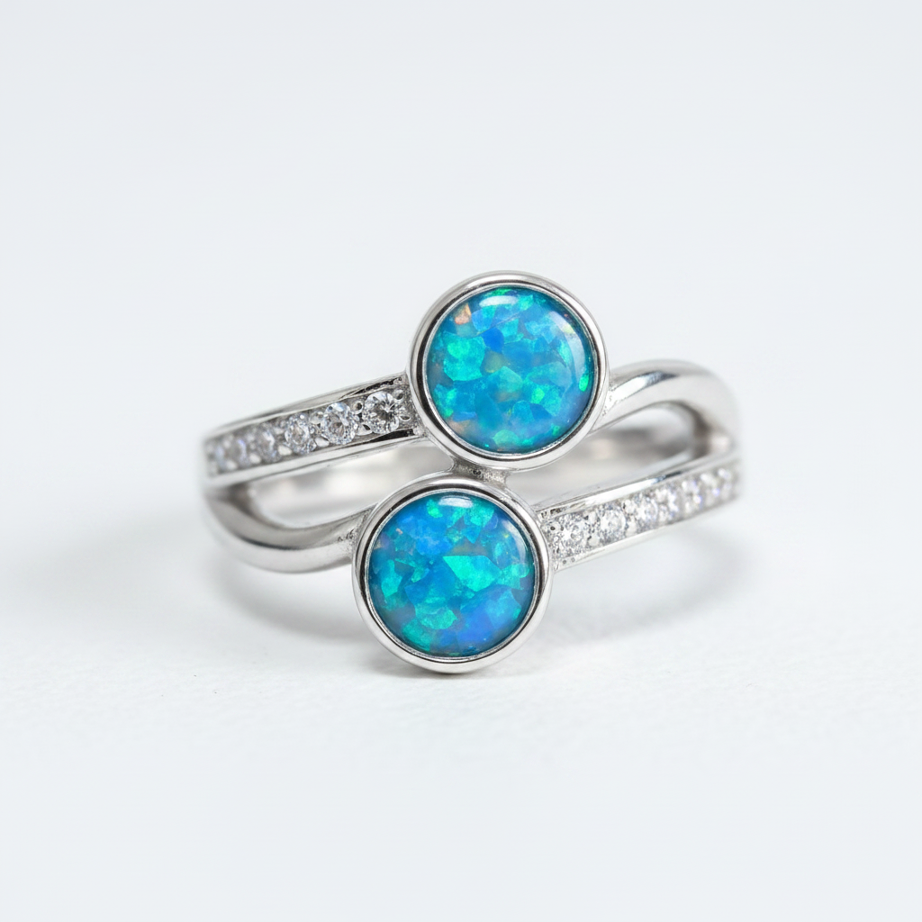 925 sterling silver double round twist memorial ring with blue teal opal flakes in twin 6mm bezels