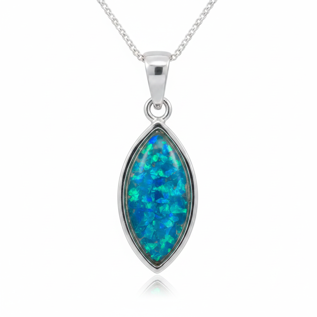 925 sterling silver marquise memorial pendant necklace with blue teal opal resin on white background