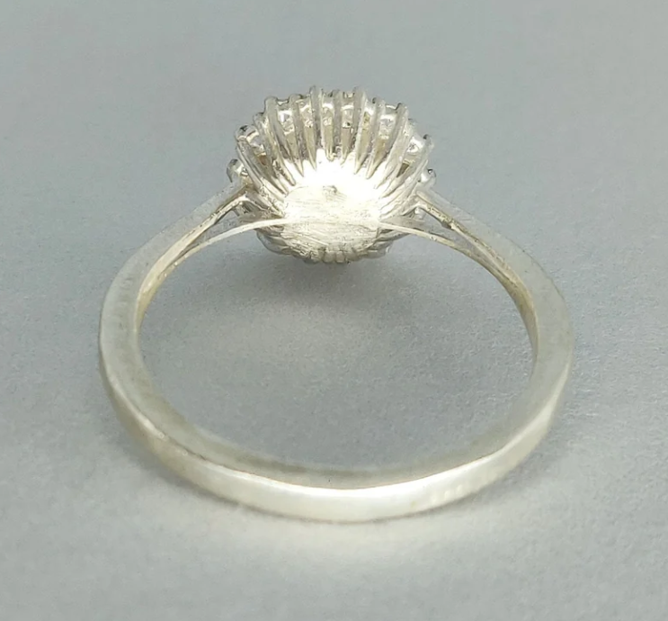 925 sterling silver cushion cut halo memorial ring — back view showing ribbed fan gallery basket structure underneath the CZ halo setting