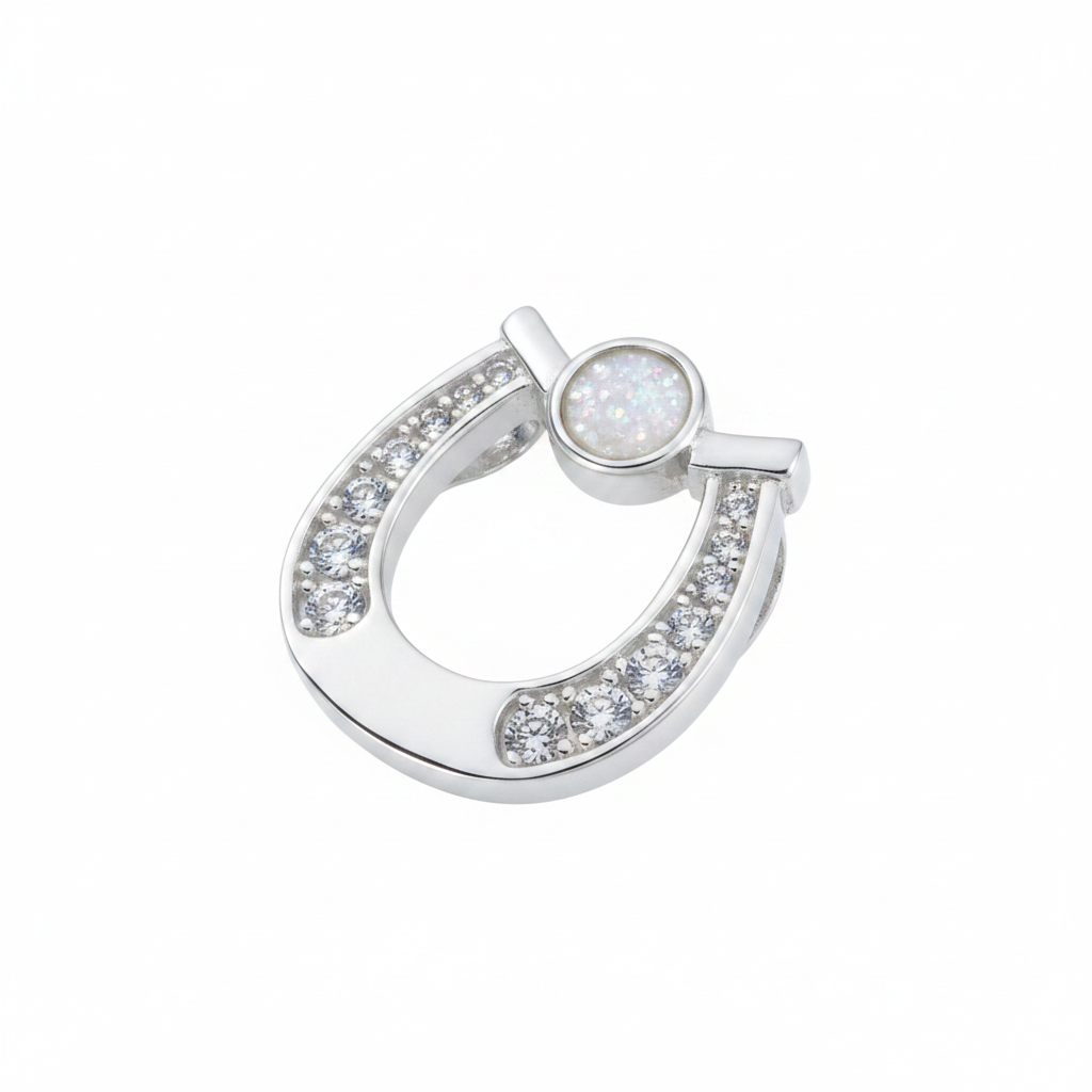 Silver 925 CZ horseshoe memorial pendant with white opal and mica, white background