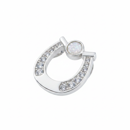 Silver 925 CZ horseshoe memorial pendant with white opal and mica, white background