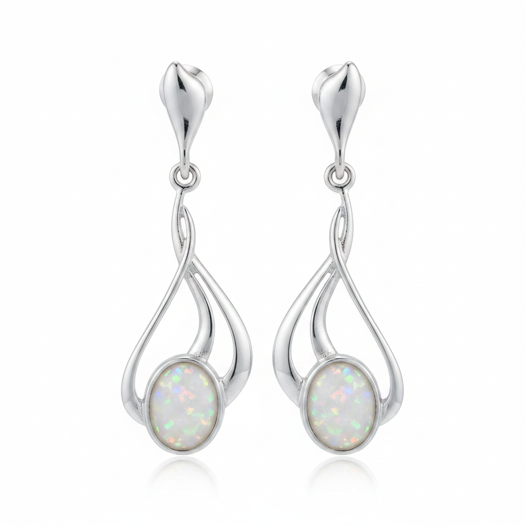 Silver 925 fancy swirl drop memorial earrings — white pearl opal flakes resin in 8x6mm oval settings, open swirl flame drop design