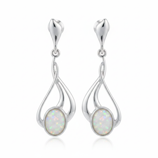 Silver 925 fancy swirl drop memorial earrings — white pearl opal flakes resin in 8x6mm oval settings, open swirl flame drop design