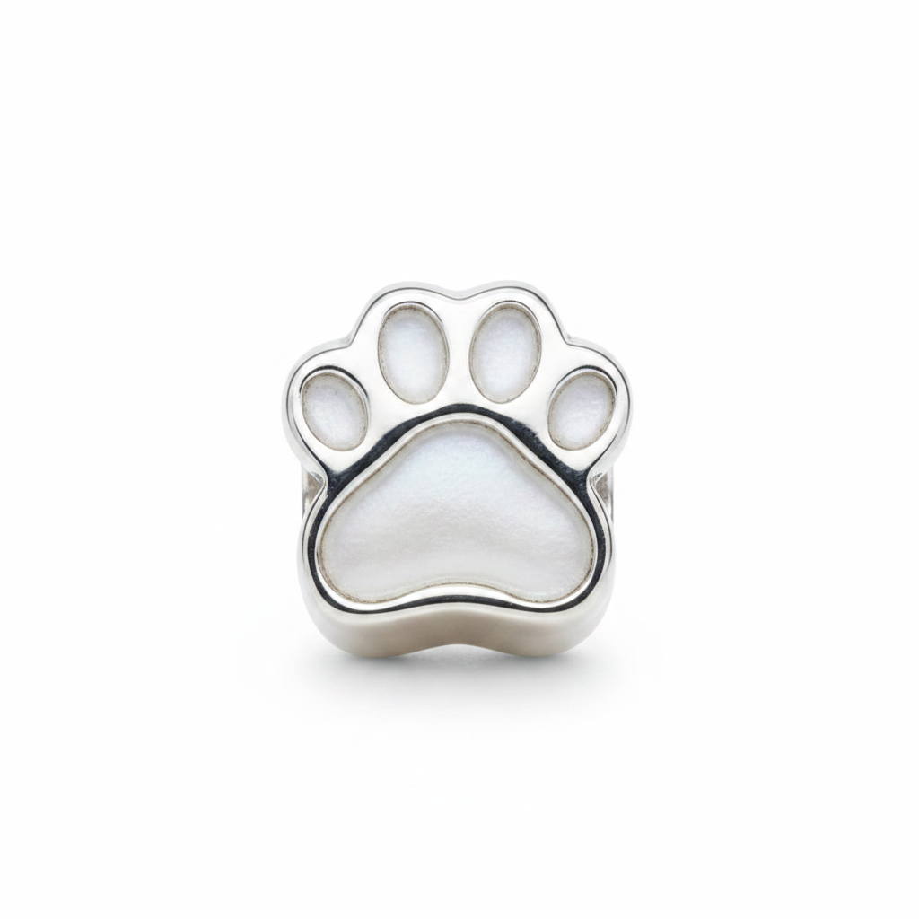 Solid Silver Dog Paw Bead 925 Silver Memorial Charm – white mica pearl inclusion